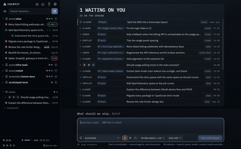 Cockpit at work: a task typed on Home starts Claude in its own worktree, the board shows two sessions flying and then landing, and ⌘K searches every agent's transcripts